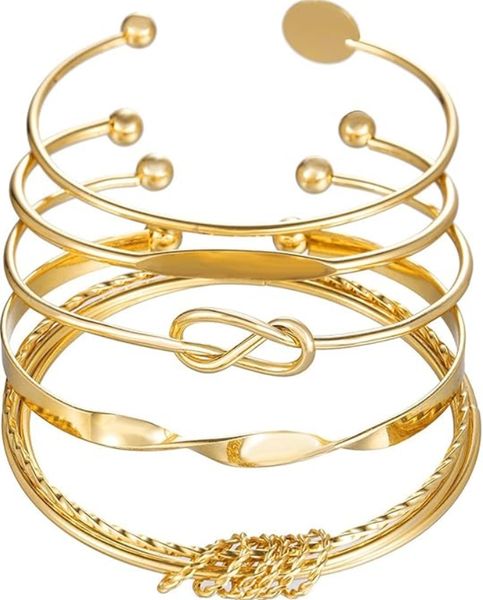 Gold/Silvery Bangle Bracelets Set for Her, Metal - 5 Piece