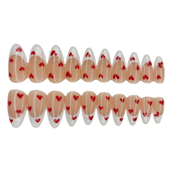 Luxury Press On Nails - Medium Almond French Hearts Set - 20 Piece