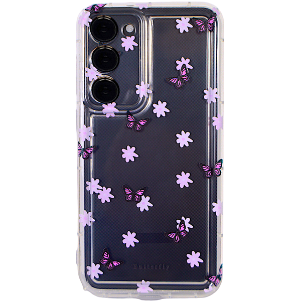 Clear Case with Pink Butterflies &amp; Flowers compatible with Samsung S23+