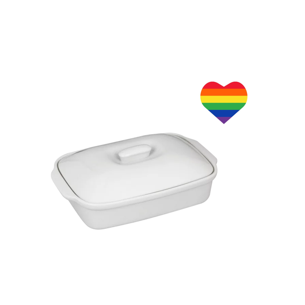 White Ceramic Rectangular Casserole Dish With Heart Sticker - 31 cm