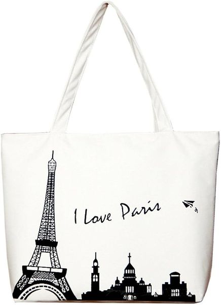 White Paris Eiffel Tower Canvas Tote Bag