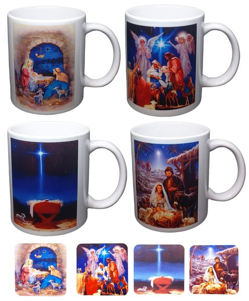 Christmas Themed Mugs With Matching Coasters - Set of 4
