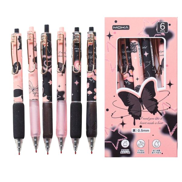 6pcs Frost Butterfly Smooth Writing 0.5mm Black Pen Student &amp; Office Set