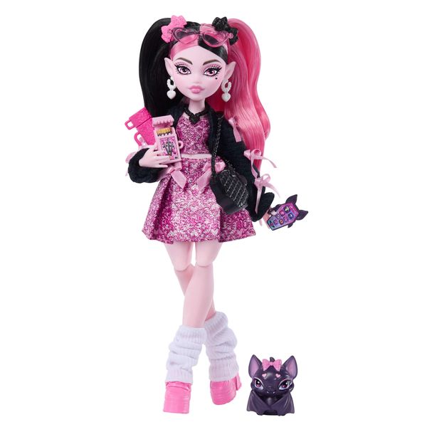 Monster High Draculaura Fashion Doll in Bow Dress with Pet Bat
