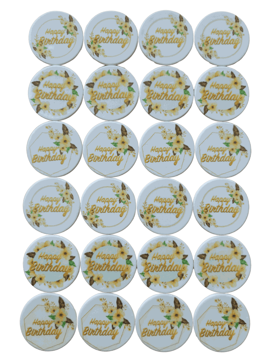 Happy Birthday Gold Edible Cupcake   Biscuit Topper Set - 24 Piece 