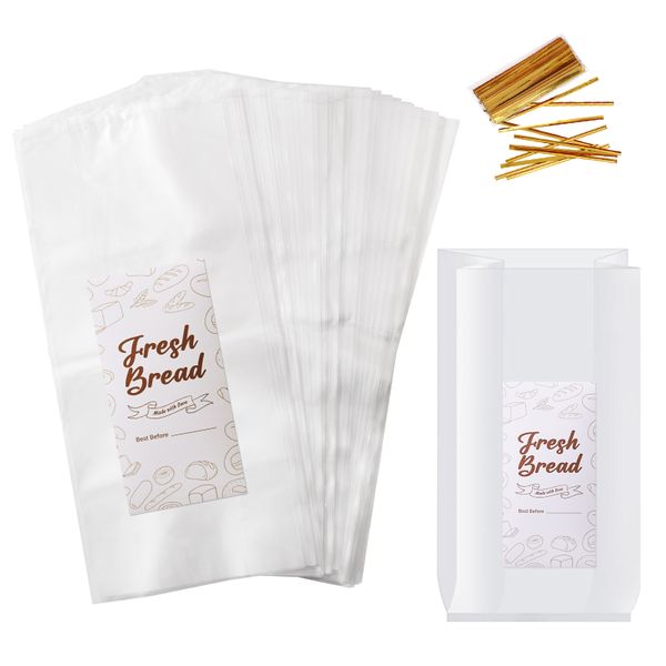 Chenshia 100Pck Clear Reusable Bread Bags Ties&amp;Stickers 20x45cm Bakery Bags