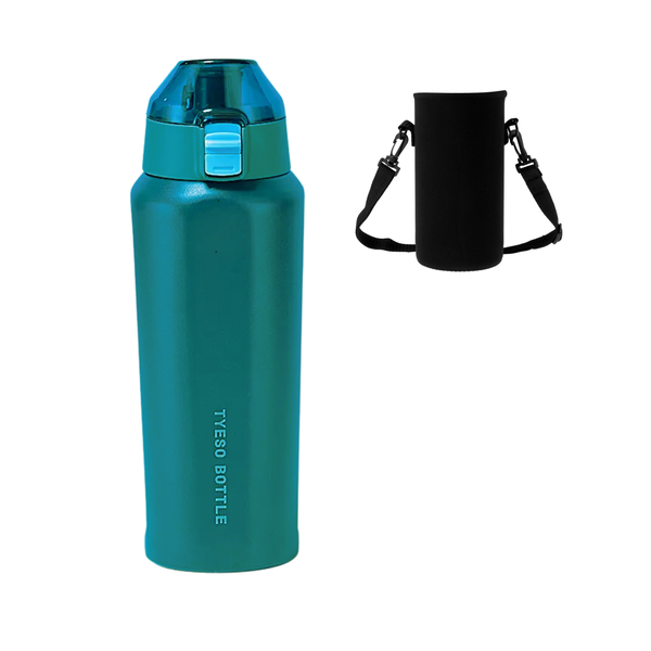 Green Tyeso Flask, Vacuum Insulated Water Bottle + Bottle Carrier Bag