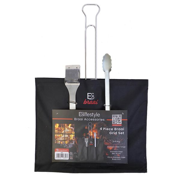 4 Piece Steel Braai Set includes Braai grid, Tong, Brush &amp; Storage Bag