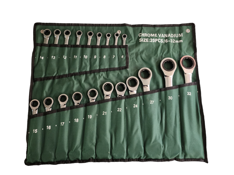 20pcs Dual Ratcheting Combination Wrench Set with Roll-Up Storage Pouch