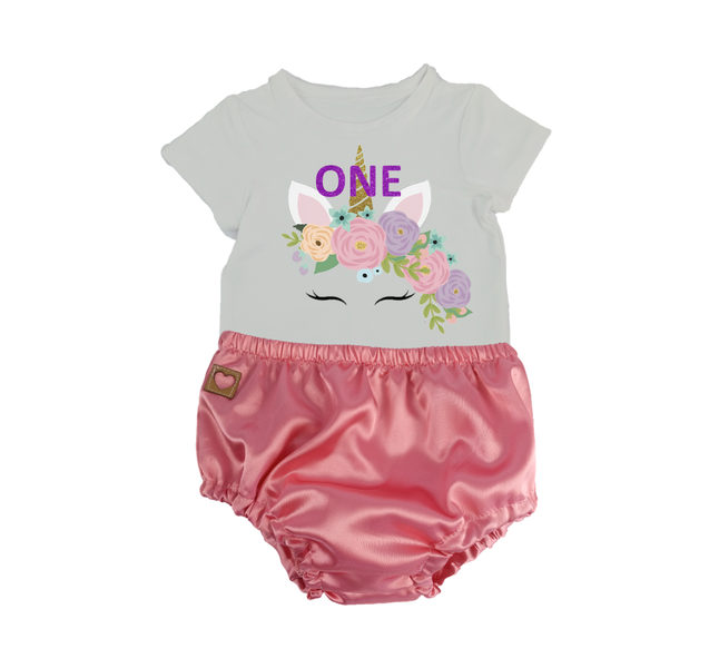 My first birthday-Pink nappy cover &amp; printed shirt-Unicorn