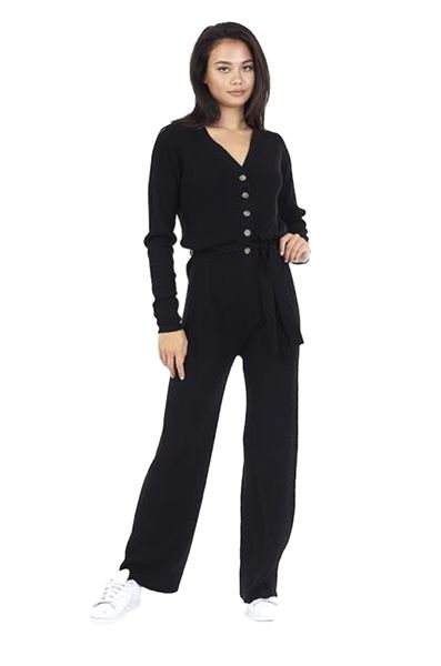 Black Ribbed Button Front Knitted Jumpsuit