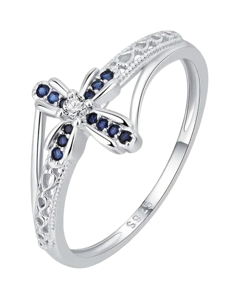 Elegant 925 Silver Cross with Round Blue Rhinestones