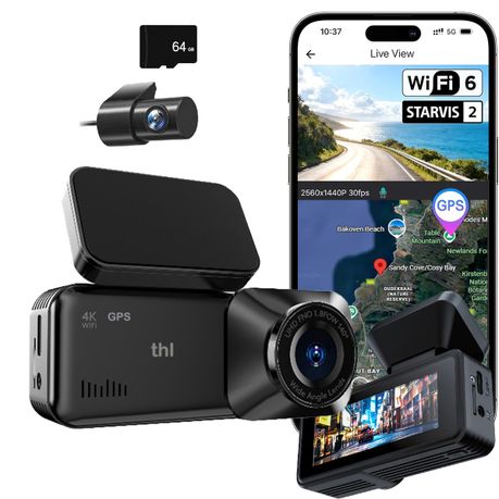 thl 4K Front/Rear Dash Cam 170 Ultra Wide, Night Vision & GPS, 64GB Card Image