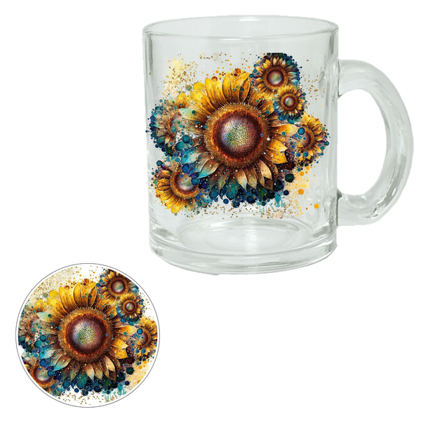Sunflowers - Clear Glass Printed Mug + Coaster