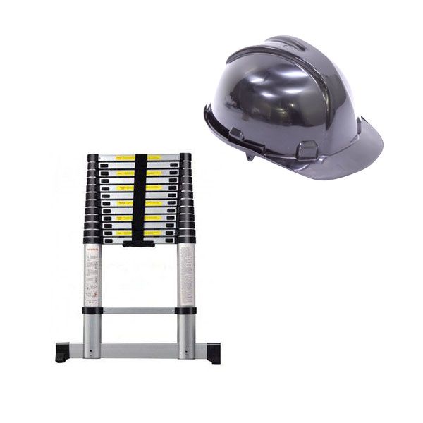 Telescopic Ladder - 6.2m &amp; Hard Hat - Worker Safety Helmet - Black