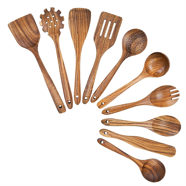 Wooden Cooking Utensils, Kitchen Utensils Set with Teak Wood Spoons and Woo