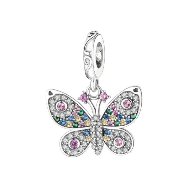 S925 Silver Butterfly Charm With Cubic Zirconia Stones - Multi-Colour