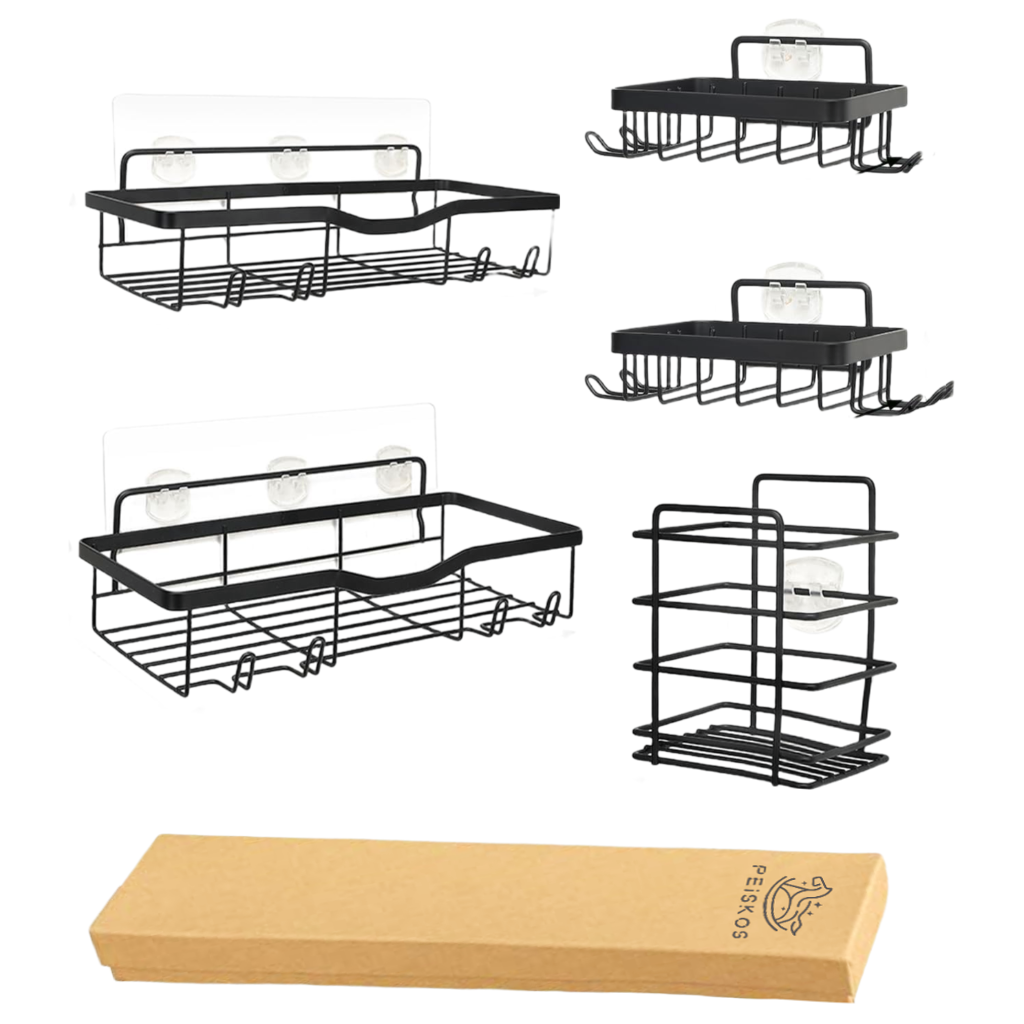 PEISKOS 5 Piece Nail-Free Shower Rack Shelf With Soap Holders and Hooks