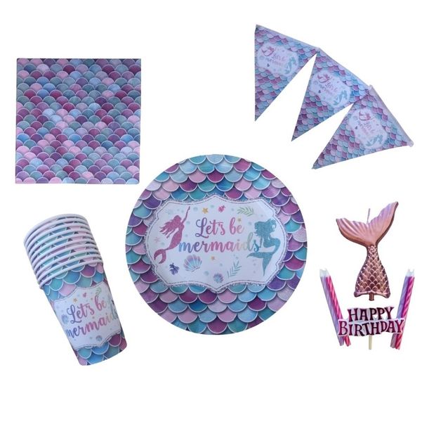 Mermaid Party Cups, Plates , Serviettes, Banner and Candles - Serves 10