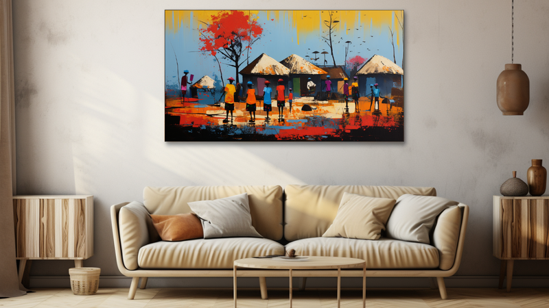 Canvas Wall Art - Vibrant Village Life Abstract - HC1163