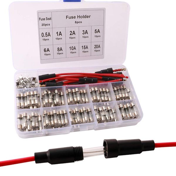 150 Piece Quick Blow Glass Tube Fuse + 20 Piece Fuse Seat+ 5 Piece Fuse Holder