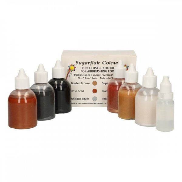 Sugarflair Edible Lustre Colours - Airbrushing 6x60ml Set Assorted Colours