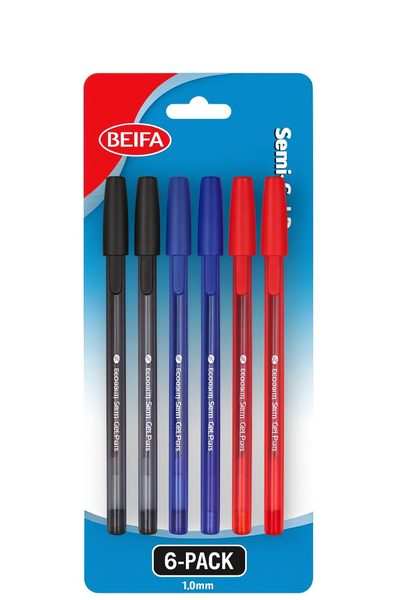 Semi-Gel Pen - Assorted Colors -Red,Blue,Black-6 Pens Per Pack -12 x Packs