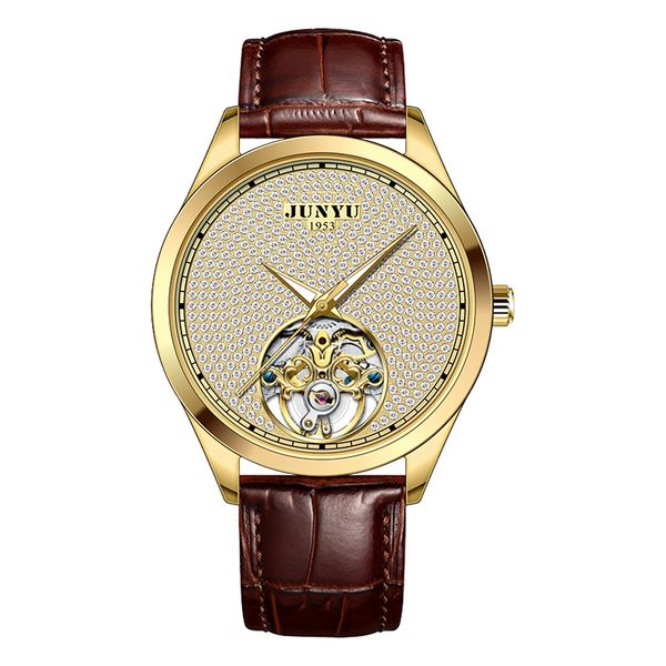 Luminous Mechanical Watch Men Leisure Formal Belt Wristwatch - Gold Brown