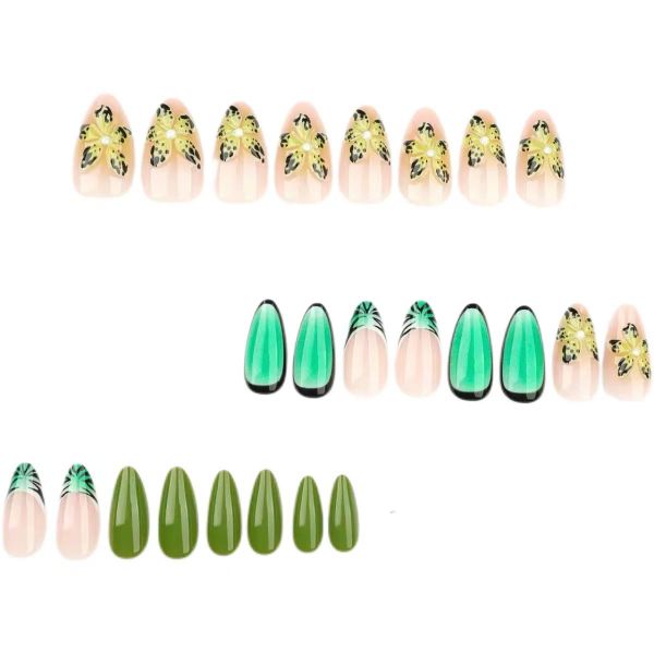 Almond Shaped French Style Tropical Floral 3D False Nails