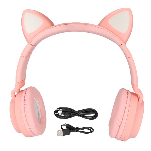 Cat Ear Gaming Headphones Deep Bass LED Light Foldable Cute Headset Pink