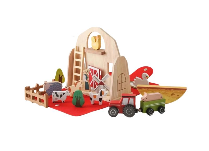 Montessori Traveling Farm, Wooden Barn with Animal Car Model and