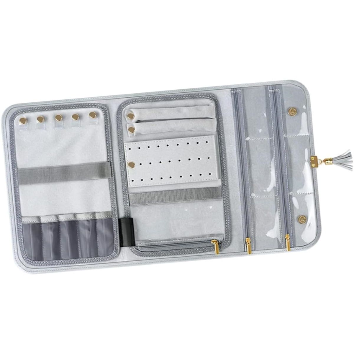 Travel Jewelry Holder Organizer, Foldable Jewelry Roll Storage Bag - Grey