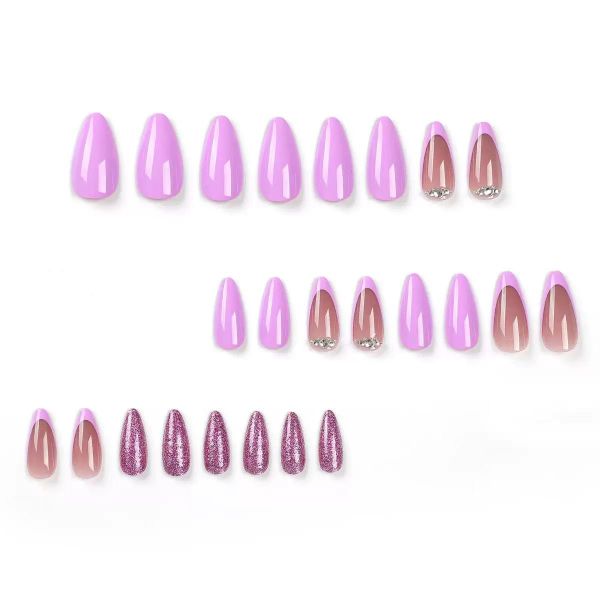 French Tips Purple Nails Almond Artificial Nails With Rhinestones Design