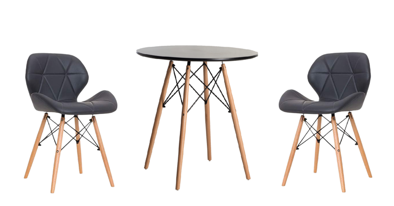 Round Dining Perla Table with 2 Soft Padded PU Leather Chairs - Black