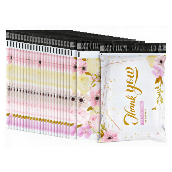 200 White Gold Floral Thank You Polymailers Packaging 25x33cm self-adhesive