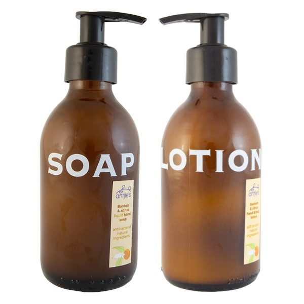 Antjie's - Baobab Lotion and Soap in 200ml glass bottles.