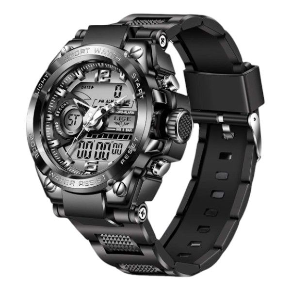 LIGE-Dual Display Mens' Watch With Water Resistance &amp; Luminous Hands-Silver