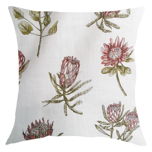 White pillow/scatter cushion with pink Protea, green leaves (inner include)