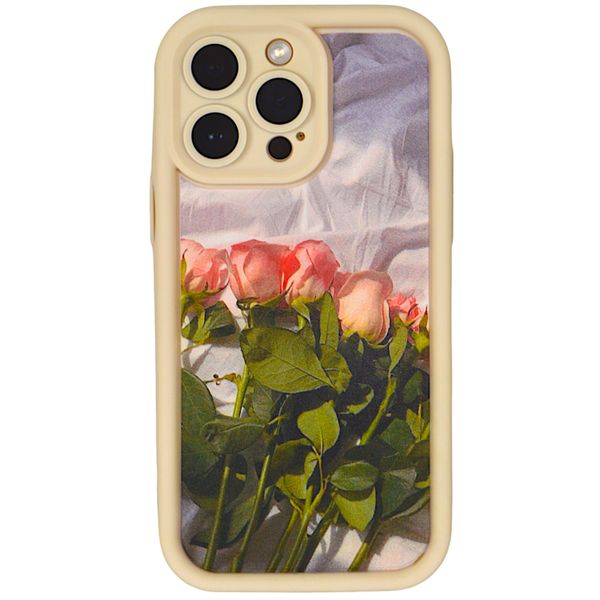 Beige - Phone Case with Long Pink Roses &amp; Pro Cam - Iphone 15 Pro Max