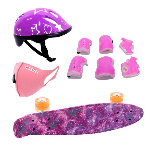 Skateboard 55cm-Flashing Wheels-Protective Gear-Helmet-Mask - Galaxy Purple