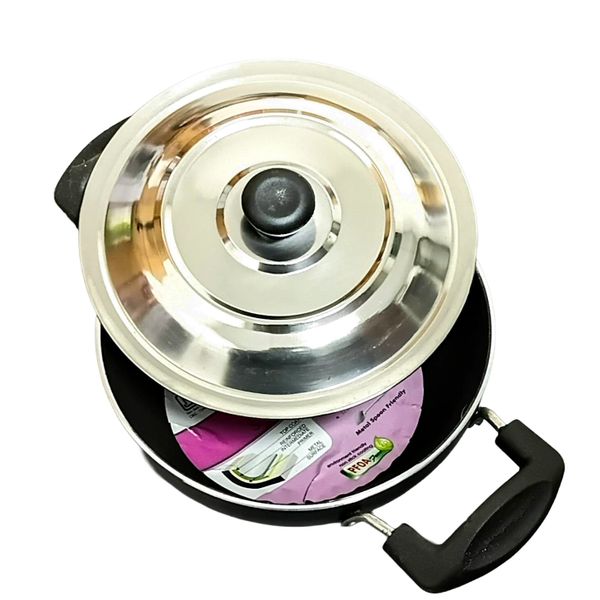 Bright Deep Kadai (Deep Wok / Frying pan) 1-Litre with Steel Lid|Non-Stick