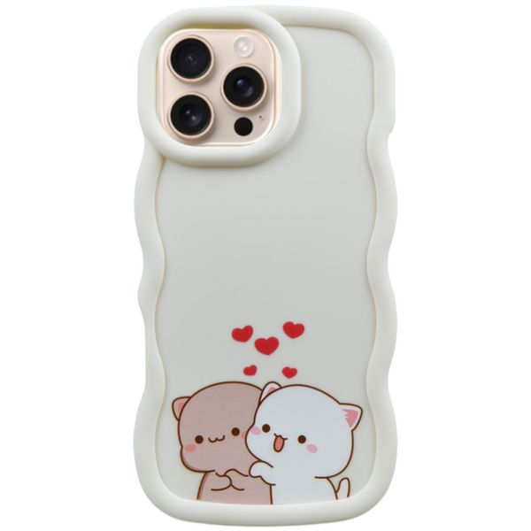 Wavy Edged Love Cats Phone Case Compatible With iPhone 16 Pro Max - Cream