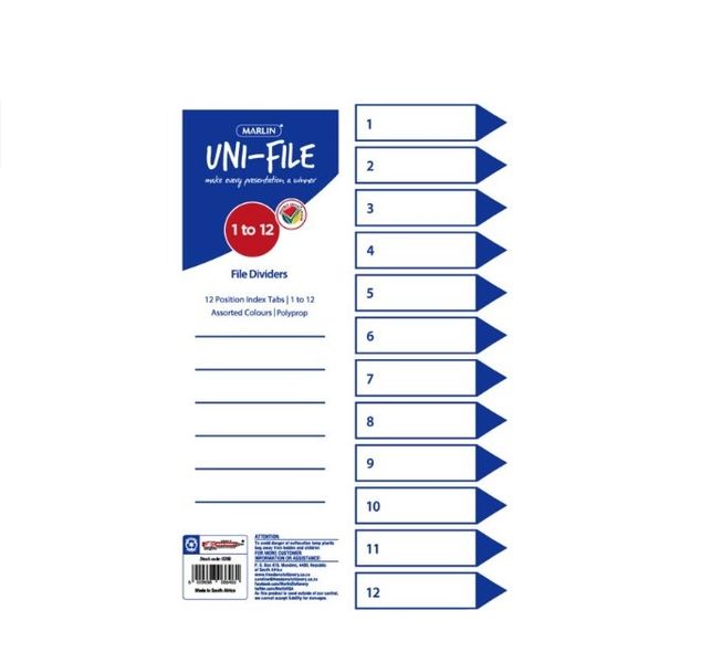 Marlin - File Dividers Polyprop: 12 Position Printed 1-12 (Pack Of 10)