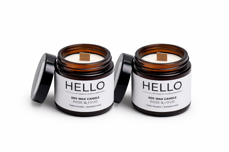 2pc Natural Organic Rose &amp; Oud Soy Wax Candle | Reusable Wick Amber Jar