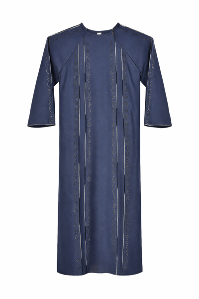 Girls Blue Ankle Length Plain Abaya with Beaded Vertical Patterns