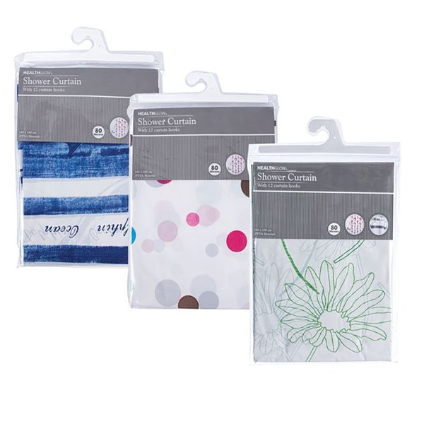 Bulk Pack x 3 Plastic Shower Curtain 180 x 180cm with 12 Hooks