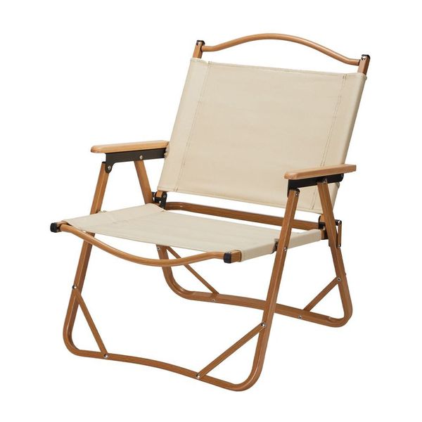 Foldable Camping/Picnic Chair -Metal Frame &amp; Wooden Armrest - Beige /Brown