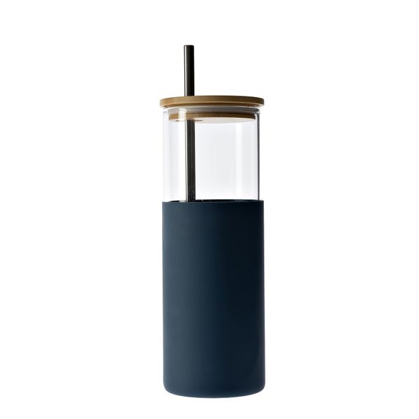 George &amp; Mason - Glass Bottle with Silicone and Straw - Dark Blue