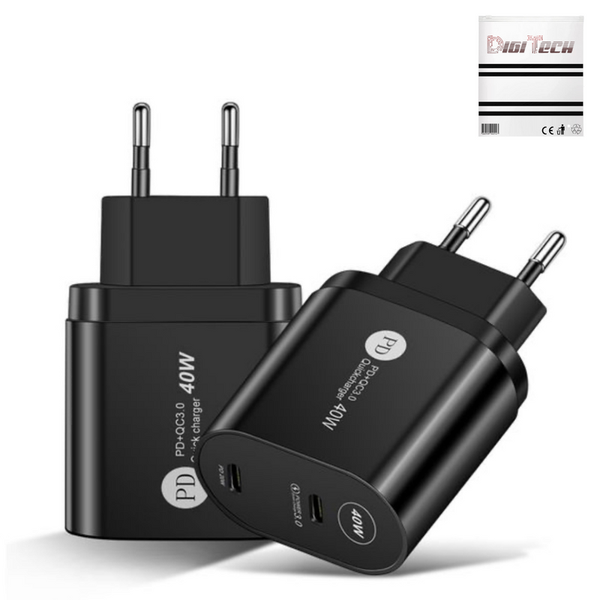DigiTech USB Wall Charger/ Adapter - 40W - USB C - Dual Ports - Black
