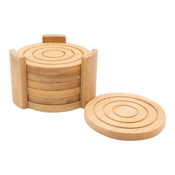 6-Piece - Coasters Bamboo Round With Holder - 10x10cm